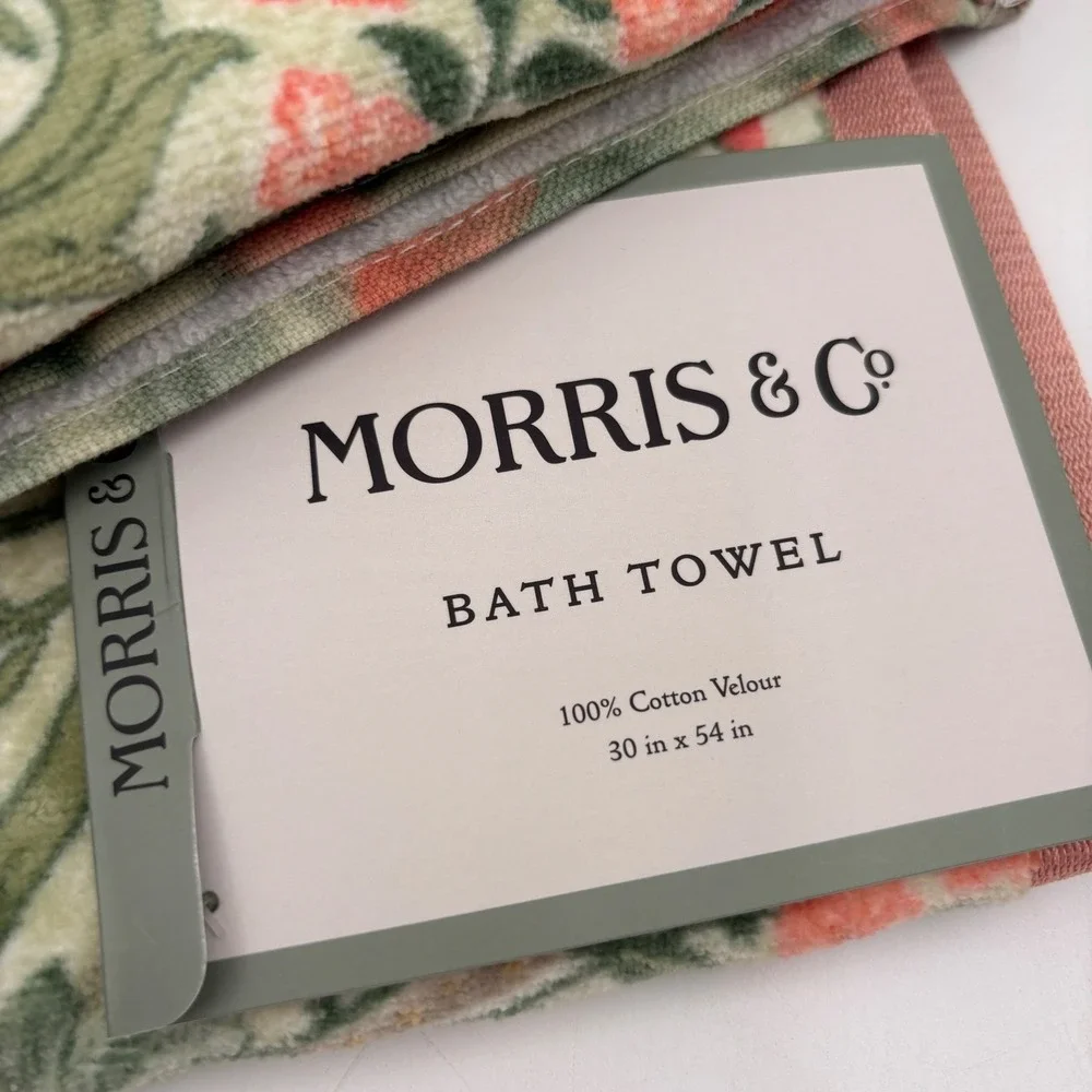 Morris & Co Cotton Velour Bath Towel Floral Botanical Green Coral 30x54 RN119737